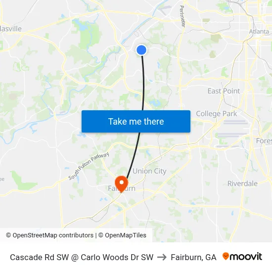Cascade Rd SW @ Carlo Woods Dr SW to Fairburn, GA map