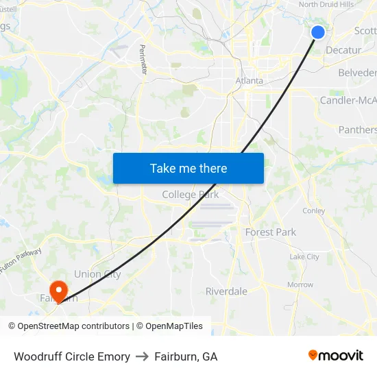 Woodruff Circle Emory to Fairburn, GA map