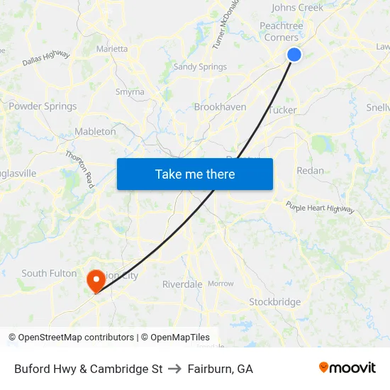 Buford Hwy & Cambridge St to Fairburn, GA map