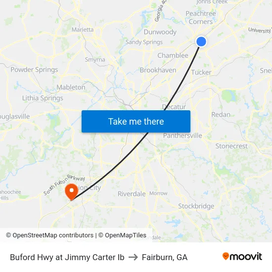 Buford Hwy at Jimmy Carter Ib to Fairburn, GA map
