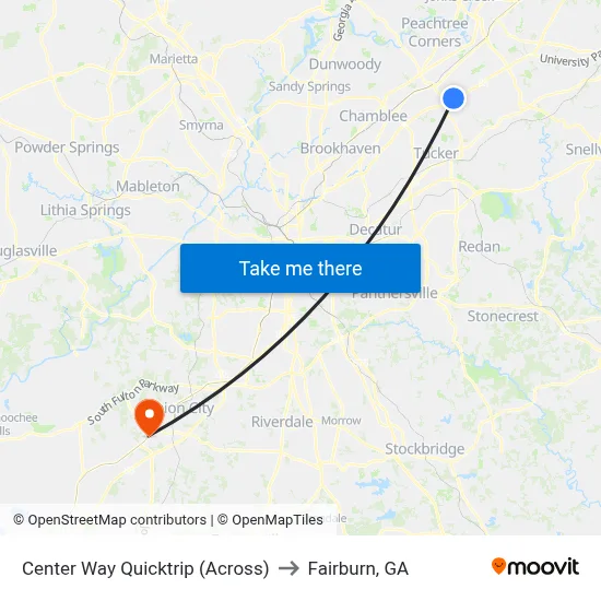 Center Way Quicktrip (Across) to Fairburn, GA map