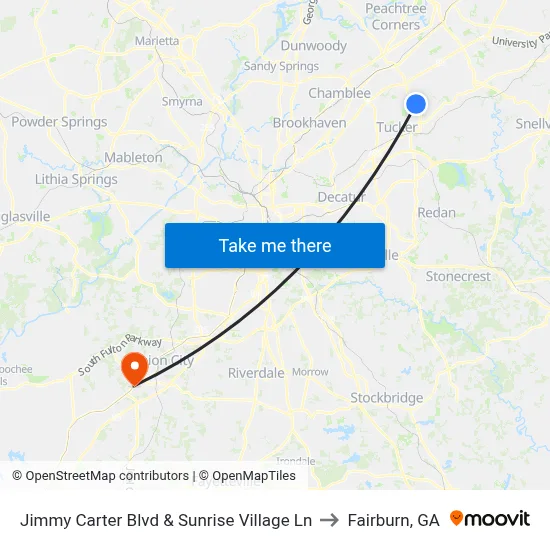Jimmy Carter Blvd & Sunrise Village Ln to Fairburn, GA map