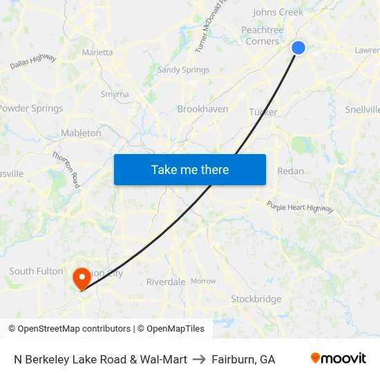 N Berkeley Lake Road & Wal-Mart to Fairburn, GA map