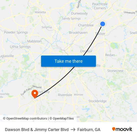 Dawson Blvd &  Jimmy Carter Blvd to Fairburn, GA map
