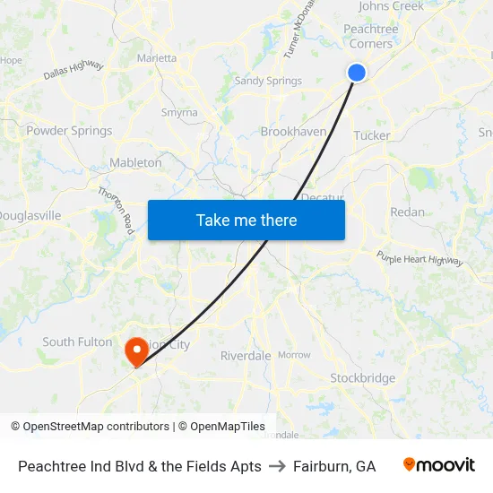 Peachtree Ind Blvd & the Fields Apts to Fairburn, GA map
