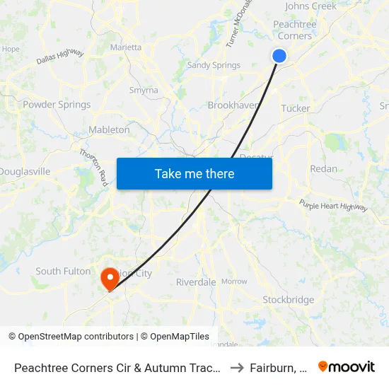 Peachtree Corners Cir & Autumn Trace Dr to Fairburn, GA map