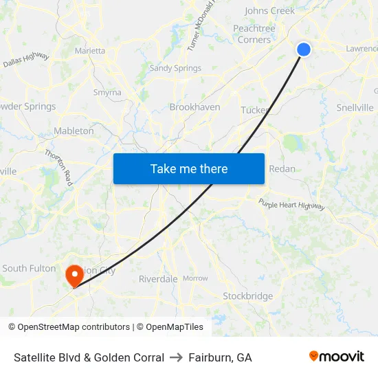 Satellite Blvd & Golden Corral to Fairburn, GA map