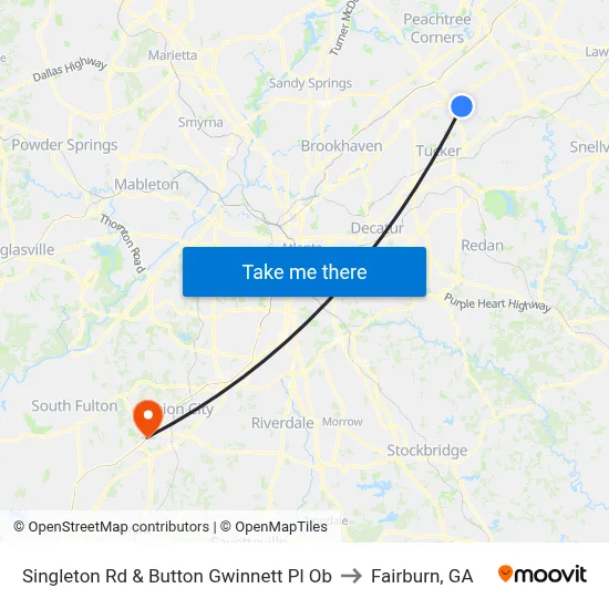 Singleton Rd & Button Gwinnett Pl Ob to Fairburn, GA map