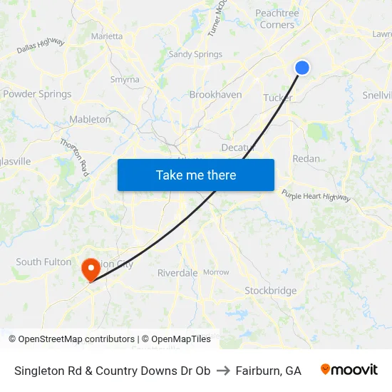 Singleton Rd & Country Downs Dr Ob to Fairburn, GA map
