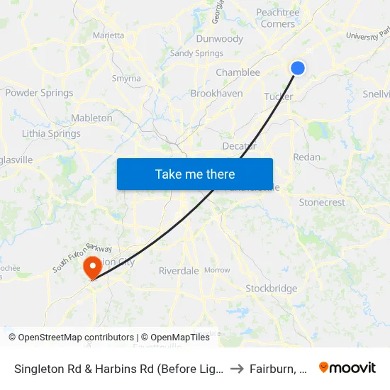 Singleton Rd & Harbins Rd (Before Light) to Fairburn, GA map