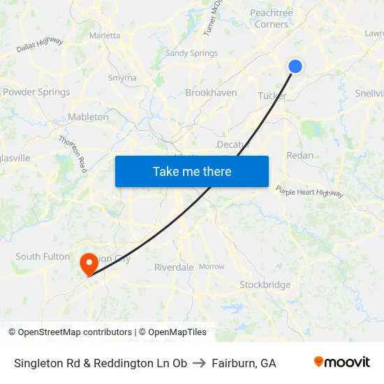 Singleton Rd & Reddington Ln Ob to Fairburn, GA map
