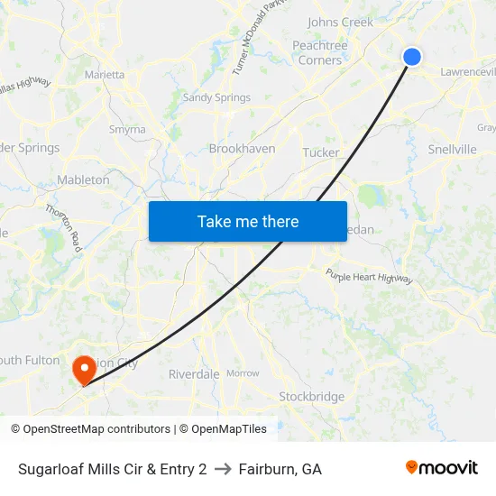 Sugarloaf Mills Cir & Entry 2 to Fairburn, GA map