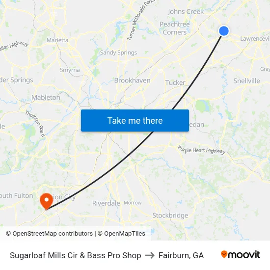Sugarloaf Mills Cir & Bass Pro Shop to Fairburn, GA map