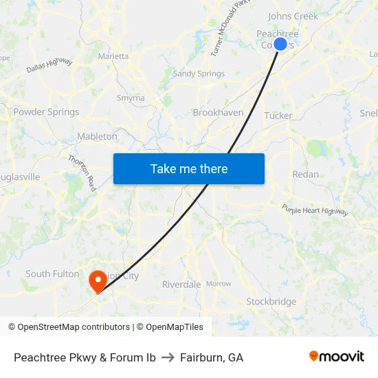 Peachtree Pkwy & Forum Ib to Fairburn, GA map