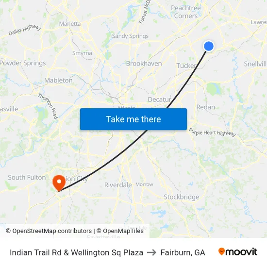 Indian Trail Rd & Wellington Sq Plaza to Fairburn, GA map
