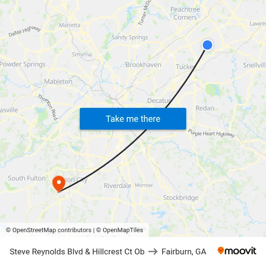 Steve Reynolds Blvd & Hillcrest Ct Ob to Fairburn, GA map