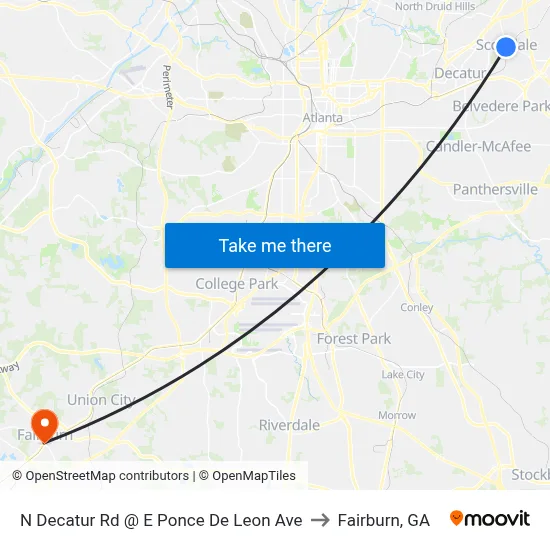 N Decatur Rd @ E Ponce De Leon Ave to Fairburn, GA map