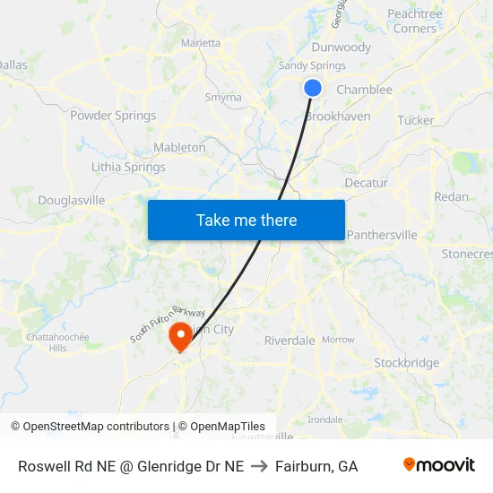 Roswell Rd NE @ Glenridge Dr NE to Fairburn, GA map