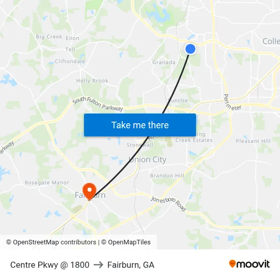 Centre Pkwy @ 1800 to Fairburn, GA map