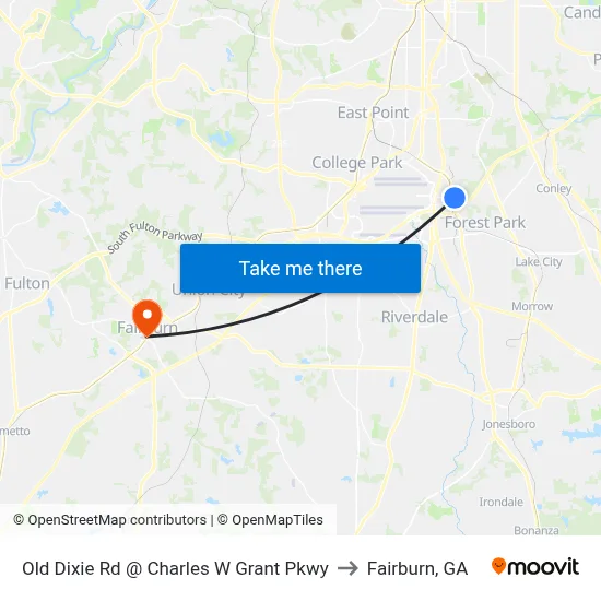 Old Dixie Rd @ Charles W Grant Pkwy to Fairburn, GA map