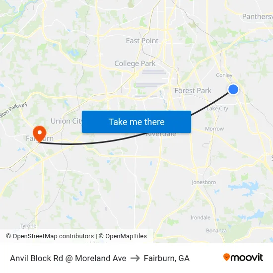 Anvil Block Rd @ Moreland Ave to Fairburn, GA map
