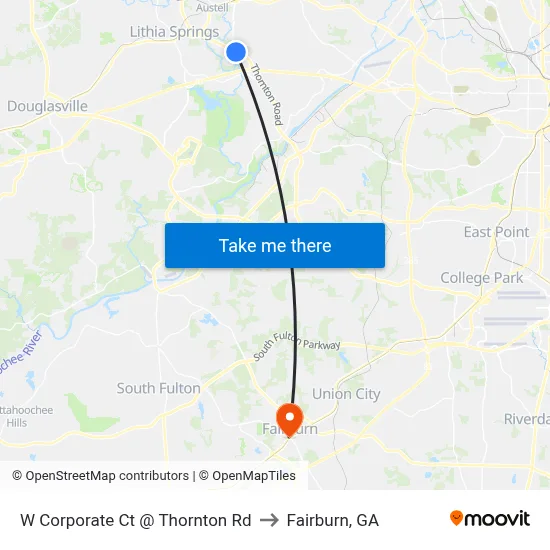 W Corporate Ct @ Thornton Rd Ob to Fairburn, GA map