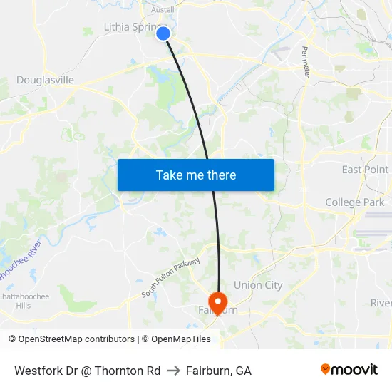 Westfork Dr @ Thornton Rd to Fairburn, GA map