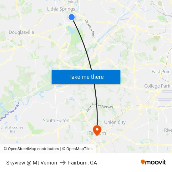 Skyview @ Mt Vernon to Fairburn, GA map