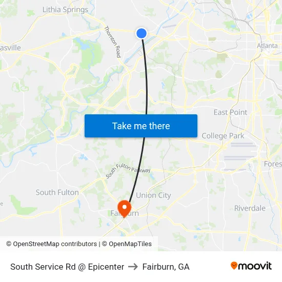 South Service Rd @ Epicenter to Fairburn, GA map