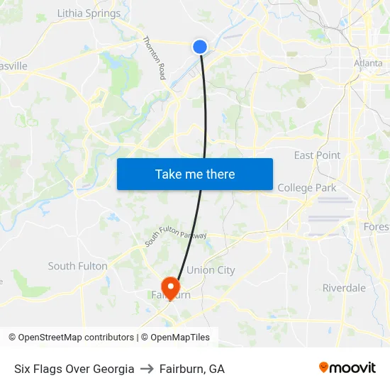 Six Flags Over Georgia to Fairburn, GA map