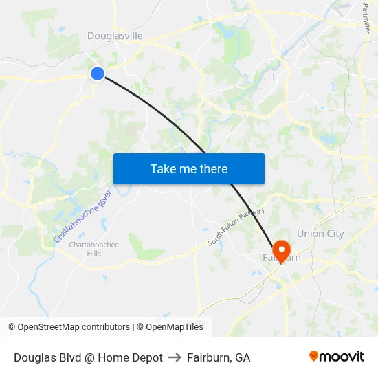 Douglas Blvd @ Home Depot to Fairburn, GA map