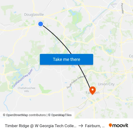 Timber Ridge @ W Georgia Tech College to Fairburn, GA map