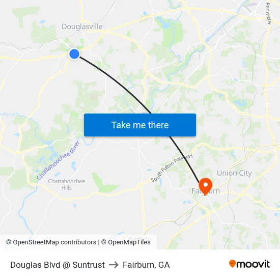 Douglas Blvd @ Suntrust to Fairburn, GA map