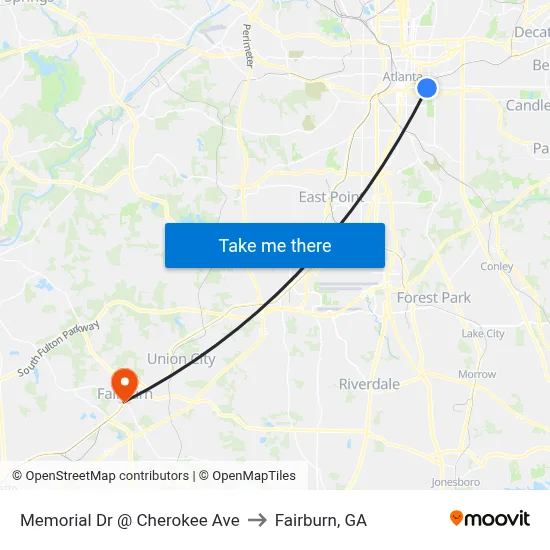 Memorial Dr @ Cherokee Ave to Fairburn, GA map