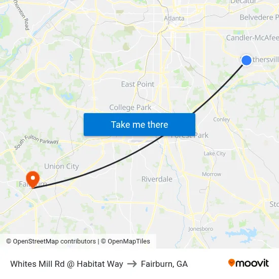 Whites Mill Rd @ Habitat Way to Fairburn, GA map