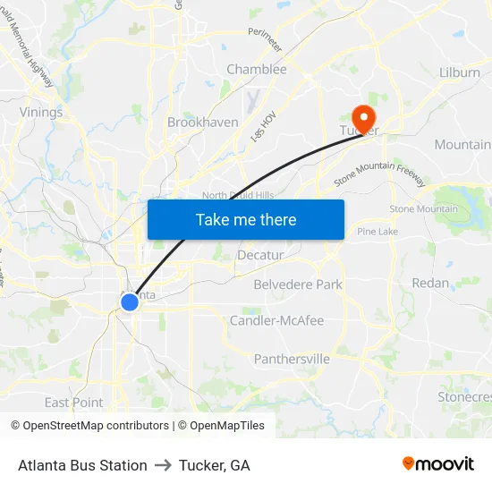 Atlanta Bus Station to Tucker, GA map