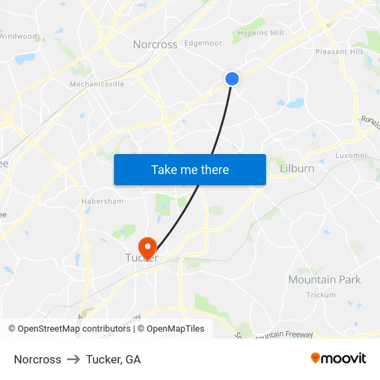 Norcross to Tucker, GA map