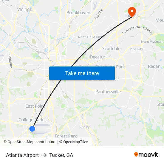 Atlanta Airport to Tucker, GA map