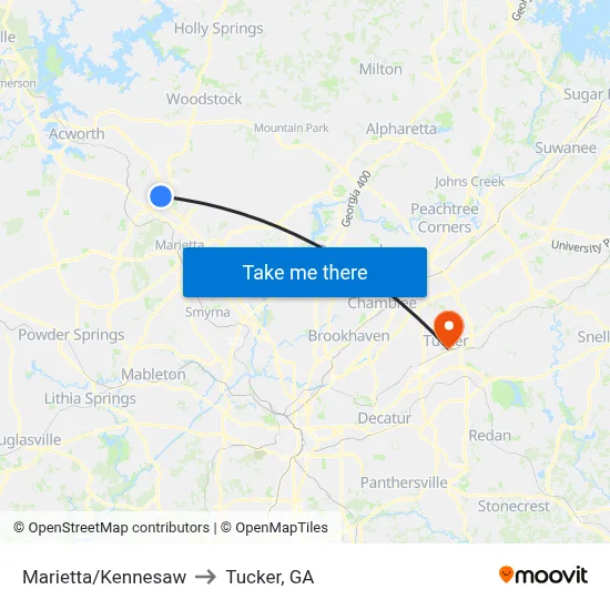 Marietta/Kennesaw to Tucker, GA map