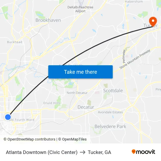 Atlanta Downtown (Civic Center) to Tucker, GA map