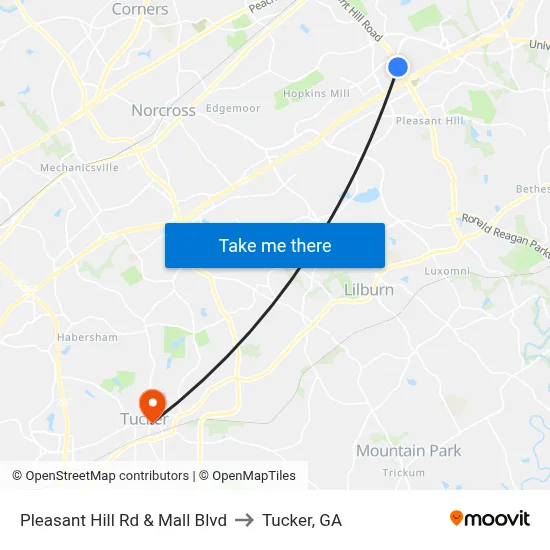 Pleasant Hill Rd & Mall Blvd to Tucker, GA map