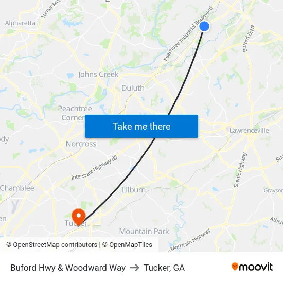 Buford Hwy & Woodward Way to Tucker, GA map