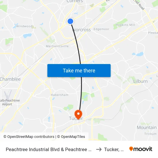 Peachtree Industrial Blvd & Peachtree Co to Tucker, GA map
