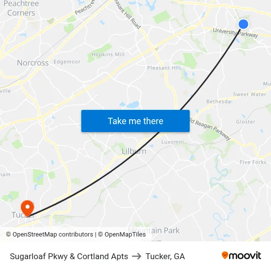Sugarloaf Pkwy & Cortland Apts to Tucker, GA map