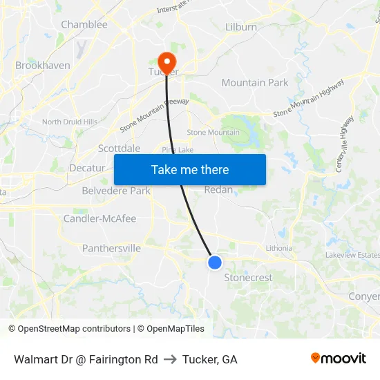 Walmart Dr @ Fairington Rd to Tucker, GA map