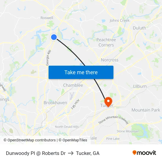 Dunwoody Pl @ Roberts Dr to Tucker, GA map