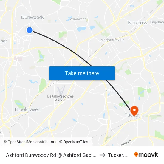 Ashford Dunwoody Rd @ Ashford Gables to Tucker, GA map