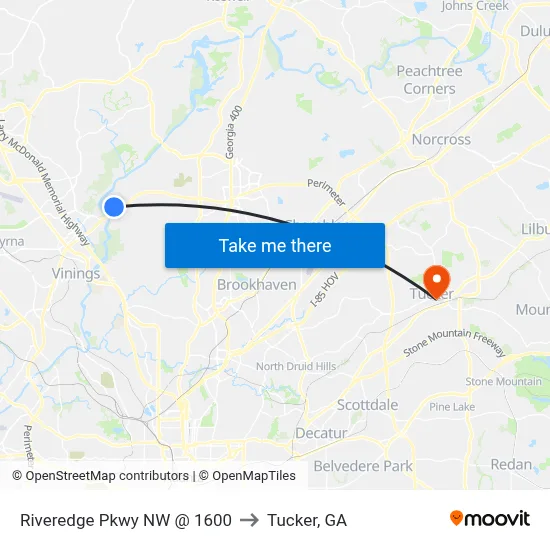 Riveredge Pkwy NW @ 1600 to Tucker, GA map