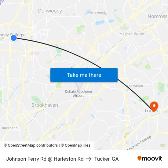 Johnson Ferry Rd @ Harleston Rd to Tucker, GA map