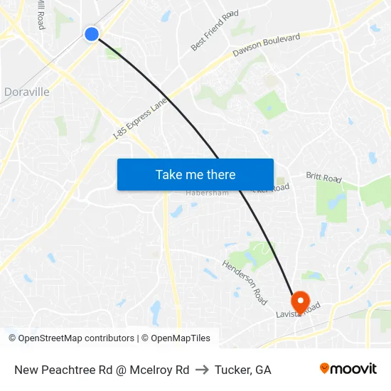 New Peachtree Rd @ Mcelroy Rd to Tucker, GA map